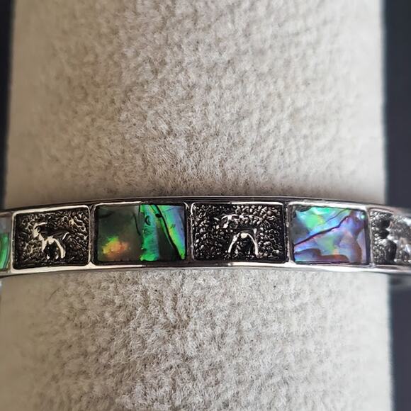 VTG Abalone Shell Inlay Bangle Bracelet Silver Tone with Ram Inserts Signed M - Picture 2 of 9